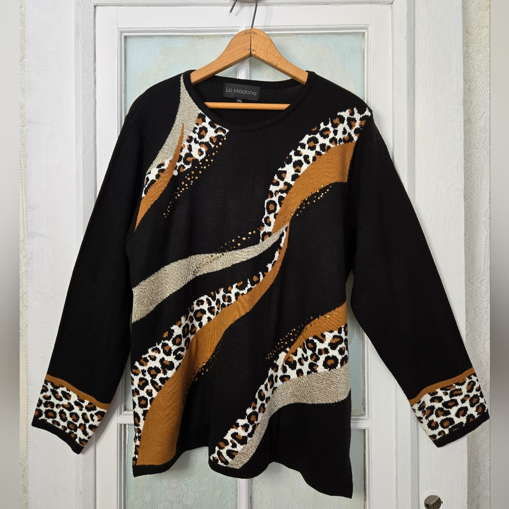 La Madona Black Leopard Wave Knit Sweater Plus Size 1XL Animal Print Fall Cozy